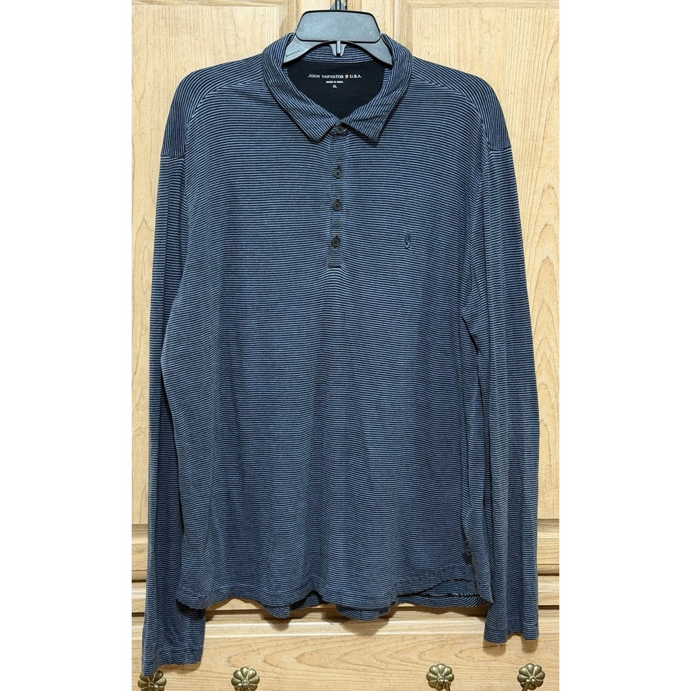 John Varvatos Star U.S.A. Peace Polo Shirt Mens XL Striped Blue Long Sleeve Logo